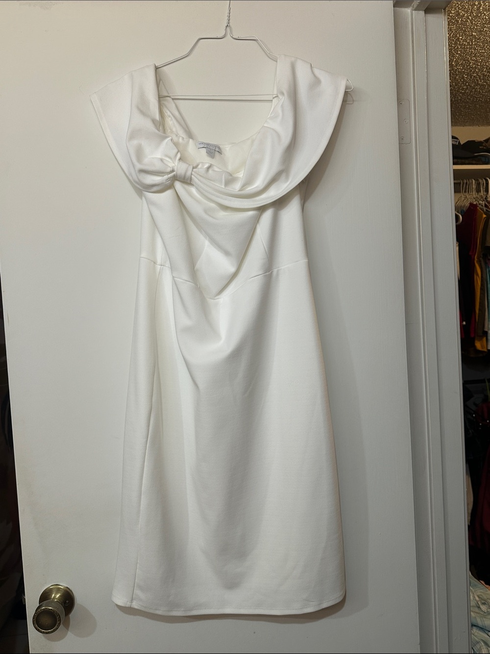 New York & Company White Midi Dress with Draped Cowl and Bow